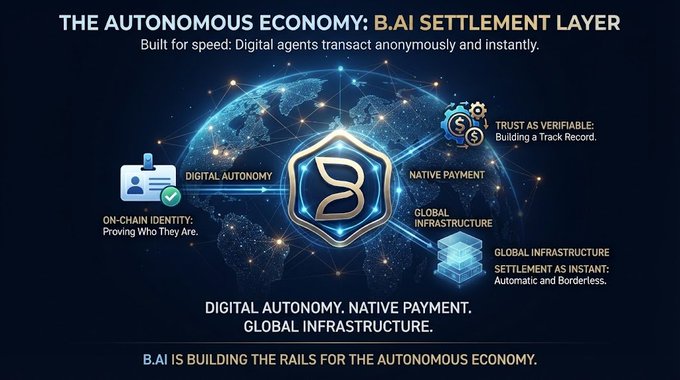 A promotional graphic for "B.AI Settlement Layer" showcases four key features—On-Chain Identity (proving who they are), Digital Autonomy, Native Payment, and Global Infrastructure (settlement as instant, automatic, and borderless)—under the headline "THE AUTONOMOUS ECONOMY," emphasizing that "B.AI IS BUILDING THE RAILS FOR THE AUTONOMOUS ECONOMY." The image visually reinforces the accompanying post's message about enabling machines to transact anonymously with minimal friction, depicting a global network backdrop to symbolize borderless, autonomous agent commerce.