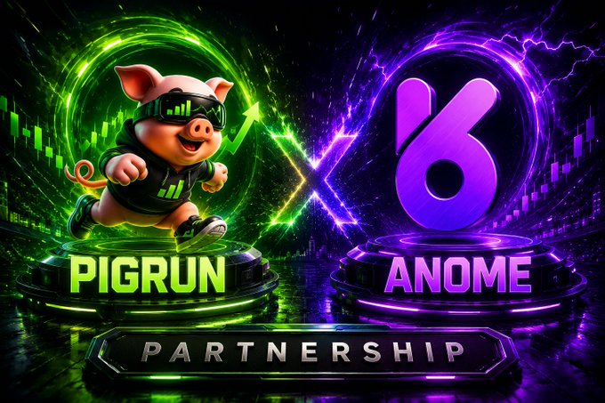 A vibrant promotional banner announcing a 'PIGRUN x ANOME PARTNERSHIP' featuring a cartoon pig in sunglasses on the left and a purple '6' logo on the right, set against glowing green and purple backgrounds.
