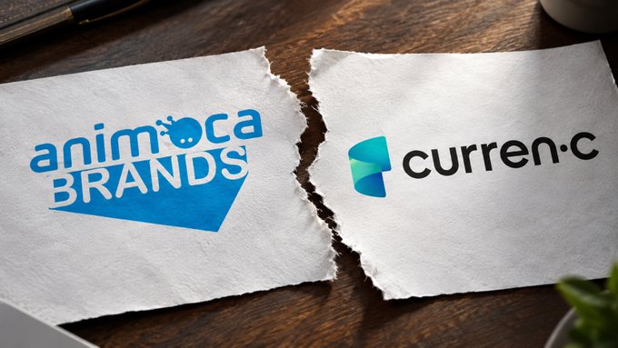 Two torn pieces of paper lie on a wooden surface, displaying the 'animoca BRANDS' logo on the left and the 'curren·c' logo on the right.
