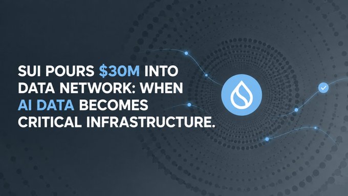A promotional graphic with text 'SUI POURS $30M INTO DATA NETWORK: WHEN AI DATA BECOMES CRITICAL INFRASTRUCTURE,' featuring the Sui blockchain logo on a blue networked background.