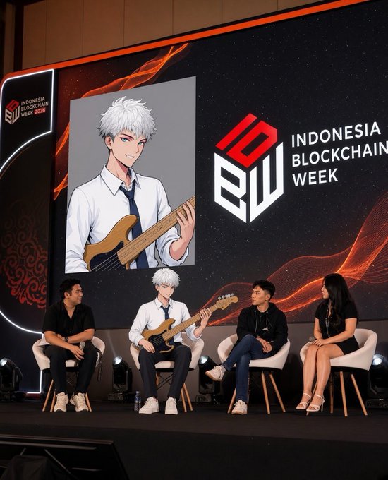 A panel discussion at the Indonesia Blockchain Week 2026 event with four participants seated on stage, alongside a large screen displaying an anime-style character with white hair playing a guitar.