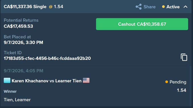 The image shows an active single bet slip of CA$11,337.36 with potential returns of CA$17,459.53 on a tennis match between Karen Khachanov and Learner Tien (picking Tien at 1.54 odds), with a cashout option of CA$10,358.67. It appears to be the betting slip screenshot referenced in the post announcing a giveaway tied to the bet hitting.