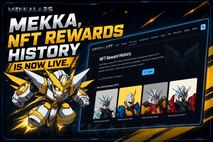 A promotional graphic with the text 'MEKKALABS', 'MEKKA, NFT REWARDS HISTORY IS NOW LIVE.', featuring a yellow and white robotic character on the left and a screenshot of an NFT Reward History page on the right.