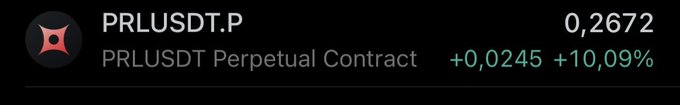 A trading interface displays the PRLUSDT.P perpetual contract priced at 0.2672, showing a gain of +0.0245 (+10.09%). The image illustrates the post's hopeful sentiment about $PRL, capturing a moment of strong upward momentum for the asset.