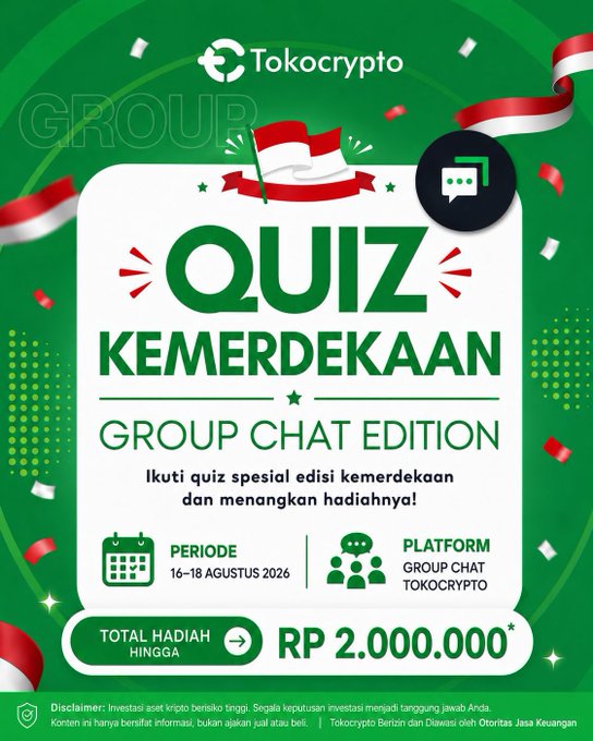 A green promotional graphic from Tokocrypto announces a "Quiz Kemerdekaan Group Chat Edition" (Indonesian Independence Day Quiz), featuring an Indonesian flag and offering prizes totaling Rp 2.000.000, running from 16–18 August 2026 exclusively on Tokocrypto's Group Chat platform.