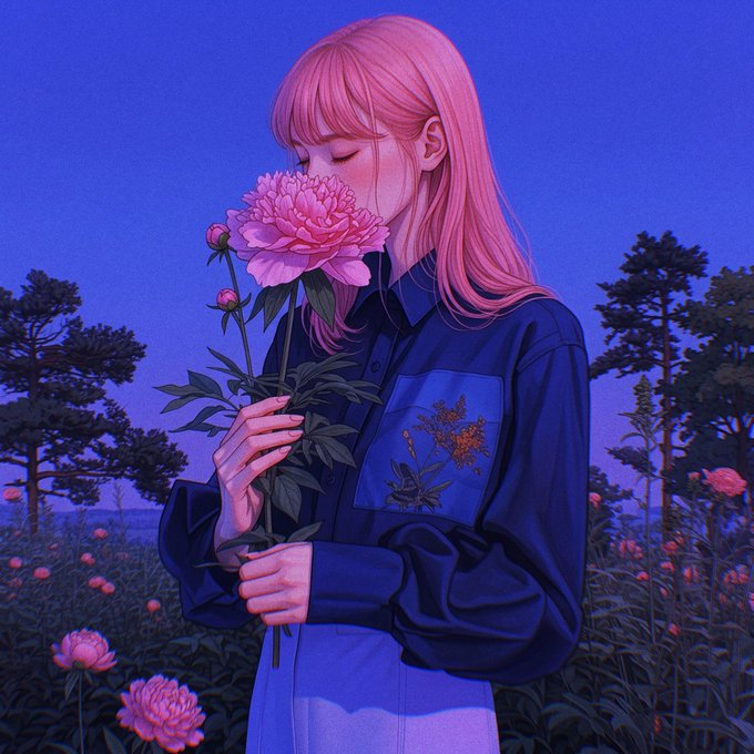 Anime-style illustration of a pink-haired girl in a blue jacket smelling a large pink peony flower against a twilight blue sky with pine trees in the background.