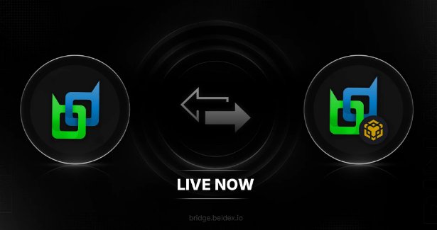 A dark promotional graphic shows two circular logos connected by exchange arrows with 'LIVE NOW' text, referencing 'bridge.beeldex.io'.