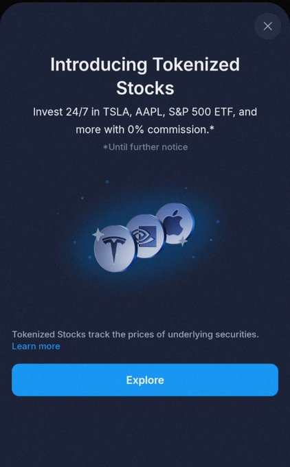 A Crypto.com app promotion announcing "Tokenized Stocks" with 0% commission, featuring TSLA, AAPL, and S&P 500 ETF logos, tied to the user's excitement about accessing stock investments in the EU through the app.