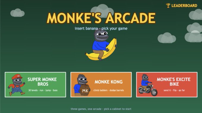 'MONKE'S ARCADE' title screen featuring a cartoon gorilla on a banana, with three game options: 'SUPER MONKE BROS', 'MONKE KONG', and 'MONKE'S EXCITE BIKE'.