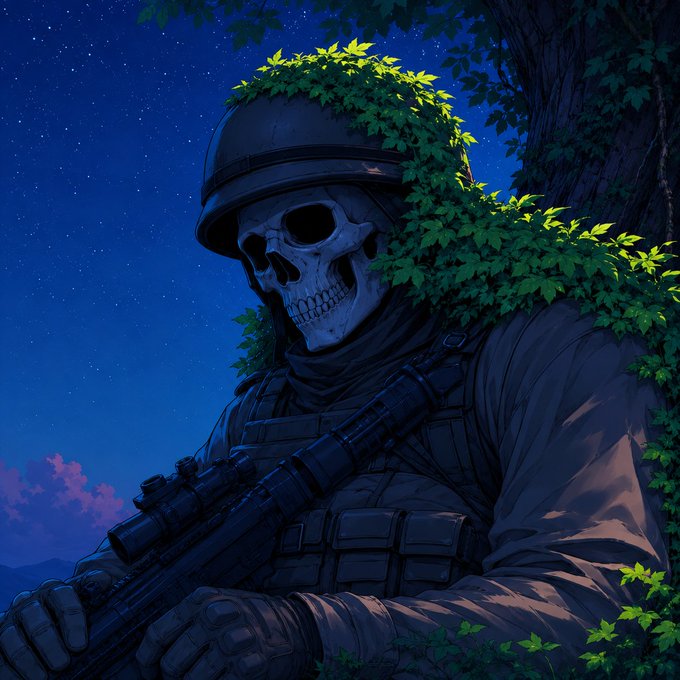 A skeletal soldier in tactical gear and a helmet stands watch beneath a starry night sky, draped in vines and gripping a scoped rifle. The image embodies the "Skully" memecoin's theme of an undead sentinel who never abandoned his post, blending military grit with eerie, meme-worthy loyalty.
