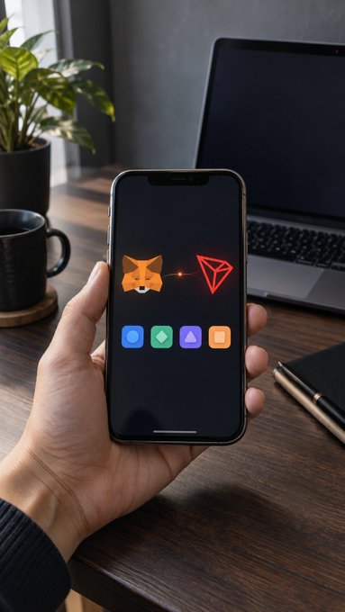 A hand holds a smartphone displaying a dark home screen with a MetaMask fox logo and colorful app icons, with a laptop and coffee mug on a wooden desk behind it.