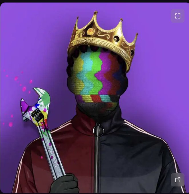 A figure wearing a multicolored balaclava and gold crown holds a paint-splattered wrench against a purple background.