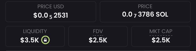 The image displays cryptocurrency token statistics showing a price of $0.0₅2531 USD (0.0₇3786 SOL), liquidity of $3.5K (locked), and an FDV/market cap of $2.5K. These extremely low metrics represent a micro-cap token that the post suggests could be the next massive multiplier, following the poster's track record of calls like $GOBLIN (700x), $TROLL (2000x), and $HANTA (2500x).