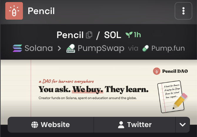 A cryptocurrency token page displays 'Pencil / SOL' on the Solana network via PumpSwap through Pump.fun, advertising itself as 'Pencil DAO - a DAO for learners everywhere' with the slogan 'You ask. We buy. They learn.'