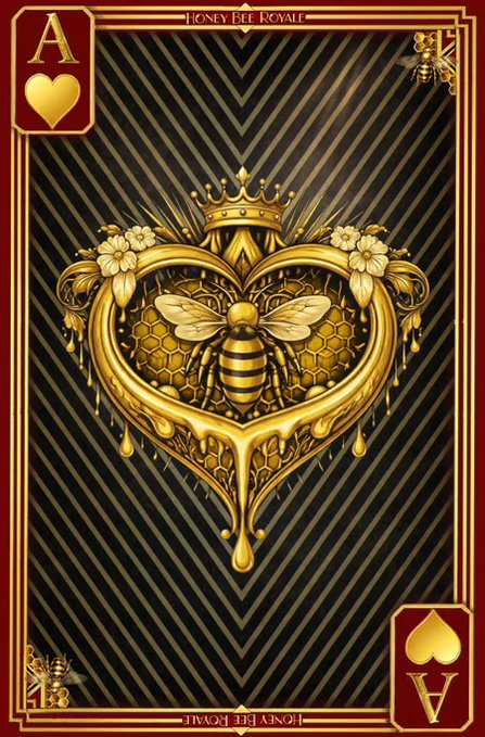 A luxurious Ace of Hearts playing card featuring an ornate gold heart with a crowned bee at its center, against a striped background, branded with "Honey Bee Royale" at the top and bottom edges. The image aligns with the post's promotion of the Honey Bee Royale NFT project, using the bee imagery and royal aesthetics to reinforce the "Bee Bullish" launch messaging.