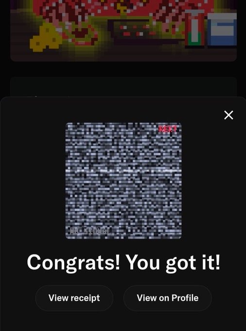 A mobile app pop-up displaying a static/glitch pixelated NFT with a 'WIF' mask, accompanied by the text 'Congrats! You got it!' and buttons to 'View receipt' or 'View on Profile'.