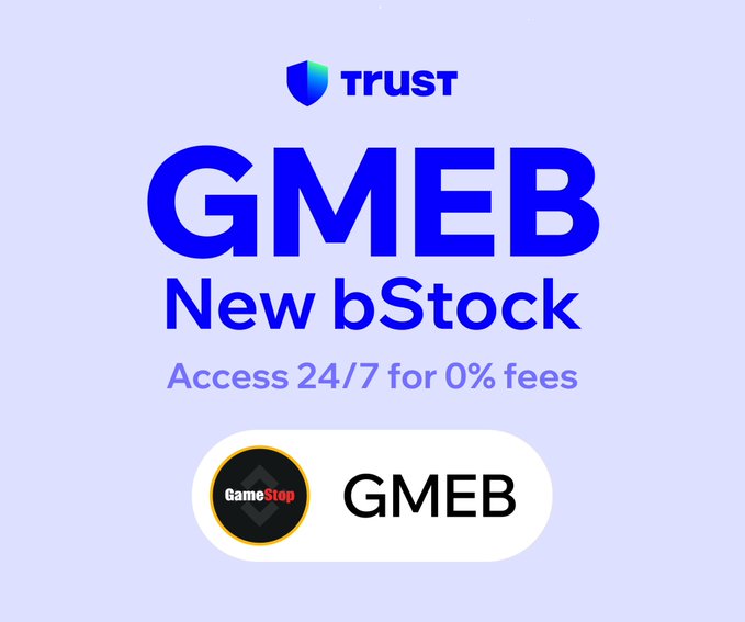 A promotional graphic on a light purple background announces "GMEB New bStock" with "Access 24/7 for 0% fees," featuring the Trust Wallet logo at the top and a GameStop-branded GMEB ticker display, directly promoting the just-launched 24/7 trading access mentioned in the post.