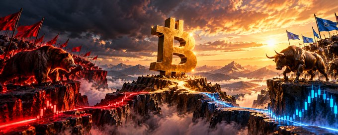 Bears and bulls face off across cliff edges beneath a glowing golden Bitcoin symbol at the 84K decision zone, visually mirroring the market's battle between bearish caution and bullish options sentiment. The dramatic red and blue lighting reflects the tug-of-war between the 60.6% long positioning and the critical resistance level mentioned in the analysis.