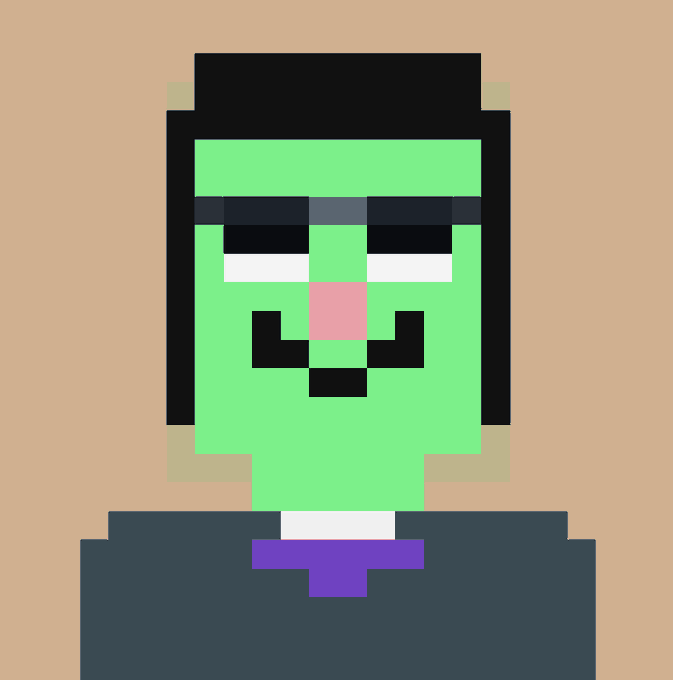 A pixel art portrait of a green-skinned character with black hair, a pink nose, and a purple tie, set against a tan background.