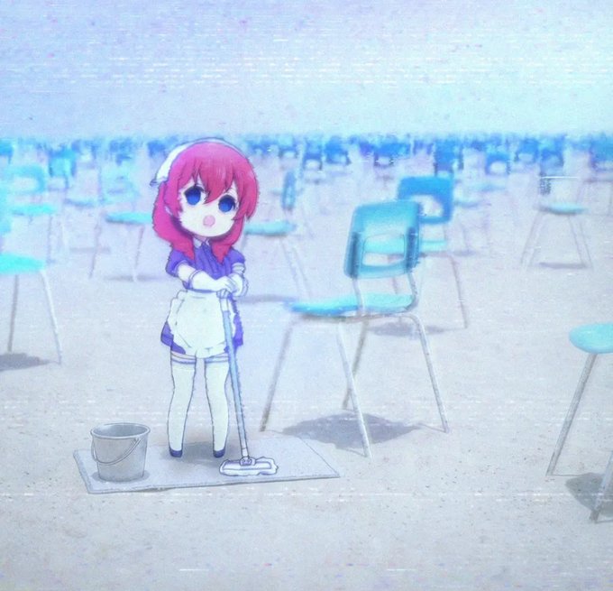 An anime-style chibi character with pink hair in a maid outfit cleaning a vast, empty room filled with rows of blue chairs.