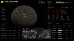 A screenshot of the "WORLD EXPLORER" interface displaying a 3D planet view with various resource nodes, alongside panels showing mining statistics and two smaller thumbnails of planetary landscapes. The image illustrates the onchain strategy game described, where an AI agent autonomously extracts resources, manages production chains, and trades for the finite $CPU token reserve on Robinhood App.