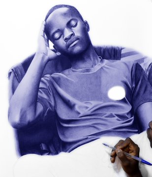 Illustration in blue tones depicting a man sleeping peacefully in bed while a hand holding a blue pen appears in the foreground, suggesting a dreamlike or drawing scenario.