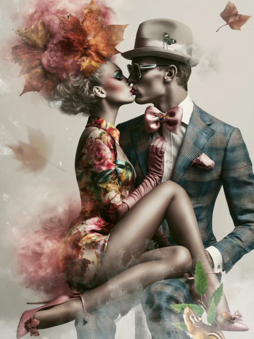 A stylized artistic illustration of a couple in a romantic embrace, with the woman wearing a floral dress with an autumn leaf headpiece and the man in a checkered suit with a pink bow tie and fedora.