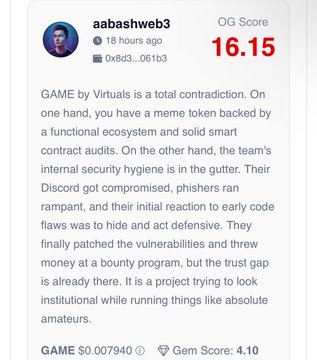 The image shows a screenshot of a white piece of paper that has text written on it. The text appears to be about a game called "GAME" by virtuals, which is being discussed by experts. The post also mentions an OG score for the game and highlights the importance of game development in today's world.
