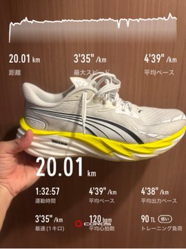 A hand holds up a white and yellow running shoe against a wooden background, with overlaid data showing a 20.01 km run completed in 1:32:57 at an average pace of 4'39"/km, max pace of 3'35"/km, and 120 beats per minute average heart rate—visually summarizing the day's training stats referenced in the post.