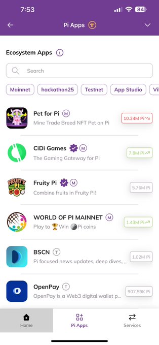 A mobile screenshot of the Pi Apps ecosystem displaying a list of available apps like 'Pet for Pi', 'CiDi Games', 'Fruity Pi', and 'WORLD OF PI MAINNET' along with their Pi token values.