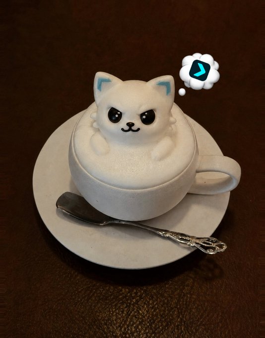 The image features a white cat figurine sitting inside an empty coffee cup with a spoon resting on top of it. The cat appears to be looking at something outside the frame, possibly a thought bubble or a message from someone else. The caption reads "Omni Wallet, open for business continuously Interested in learning more about payments, stocks, and trading?". This suggests that the cat figurine might represent an idea related to financial management or investing, given its association with the word "wallet".