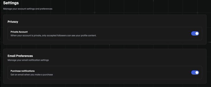 A dark-themed "Settings" page displaying Privacy and Email Preferences sections, with "Private Account" toggled on by default. The image illustrates the new privacy control mentioned in the post, where users can adjust their profile visibility through Settings → Privacy.