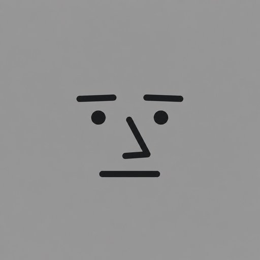A minimalist line drawing of a face with two dot eyes, eyebrow lines, a simple angled nose, and a straight mouth on a gray background.