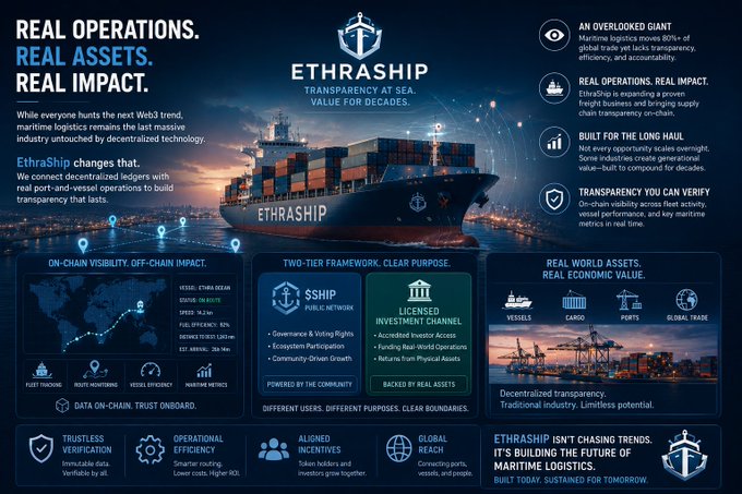 Infographic for 'ETHRASHIP' promoting transparency in maritime logistics, featuring 'Real Operations. Real Assets. Real Impact' and sections on on-chain visibility, two-tier framework with $SHIP Public Network and Licensed Investment Channel.