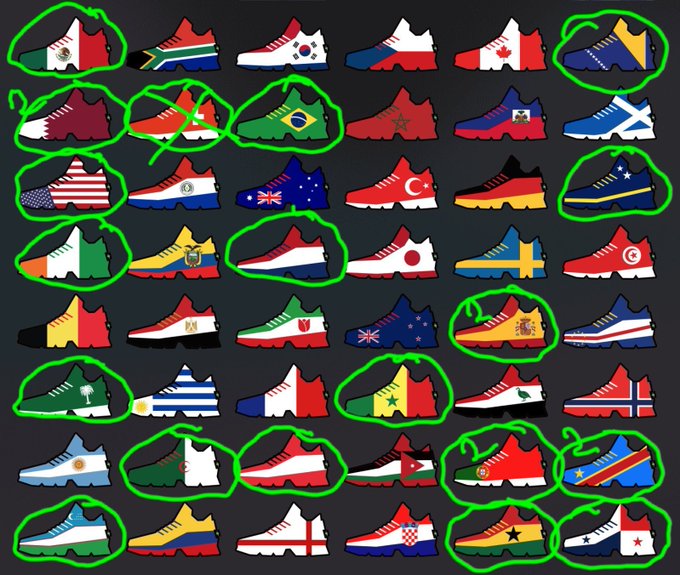 The image features a grid of various pairs of shoes, each pair representing a different country's flag design. The shoes are arranged in rows and columns against a black background with green borders. Each shoe has its own unique color and pattern, showcasing the diversity of footwear styles from around the world. The post that this image is associated with is titled "I'M still collecting @Stepnofficial skins". This suggests that the creator of the image might be an enthusiast or collector of footwear designs inspired by different countries' flags.