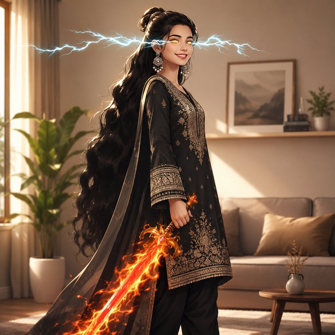 A digital illustration of a woman with long dark hair in a black embroidered outfit, holding a flaming orange sword with lightning effects around her eyes, in a living room setting.