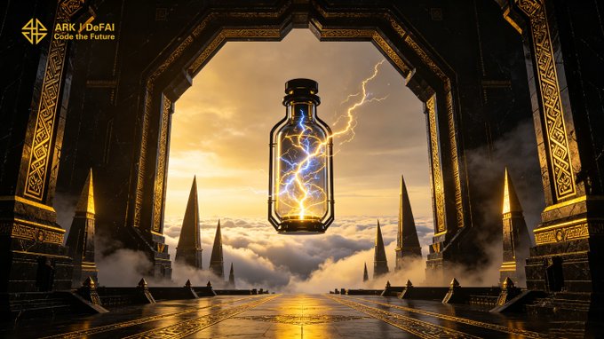 The image shows a glowing bottle containing a bolt of electricity, set within an ornate golden archway above clouds and spires, with the text "ARK DeFAI — Code the Future" in the upper-left corner. The electric energy captured inside the bottle visually echoes the post's message about channeling raw intelligence into actionable AI execution.