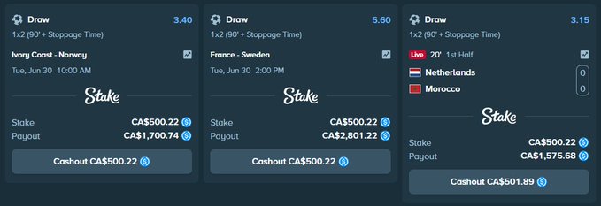 The image shows three betting slips from Stake featuring draws in international soccer matches (Ivory Coast vs Norway, France vs Sweden, and Netherlands vs Morocco), with stakes of CA$500.22 each and cashout values listed. These betting slips are being used as promotional evidence in a $100 USDT giveaway post, likely to showcase the user's betting activity on Stake to encourage entries.