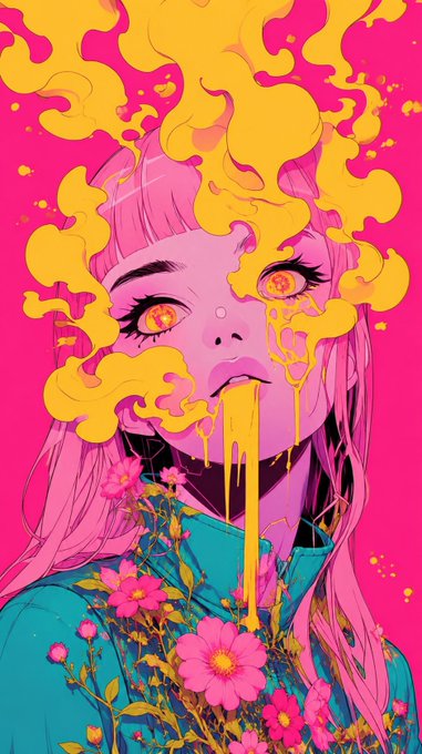 A vibrant digital illustration shows a pink-haired girl with glowing orange eyes exhaling swirling yellow flames against a hot pink background, with pink flowers blossoming from her teal jacket. The fiery, chaotic imagery of smoke and melting yellow paint reflects the raw, burning intensity often associated with a "Monday morning" mood, contrasting with the post's relaxed claim that it's actually Friday.