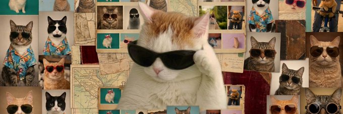 A large orange and white cat wearing oversized black sunglasses dominates the center, surrounded by a collage of smaller cats in matching sunglasses, tropical shirts, and vintage photos against weathered map backgrounds—visually embodying the cool, retro vibe of the $COOLCAT token on Moby.