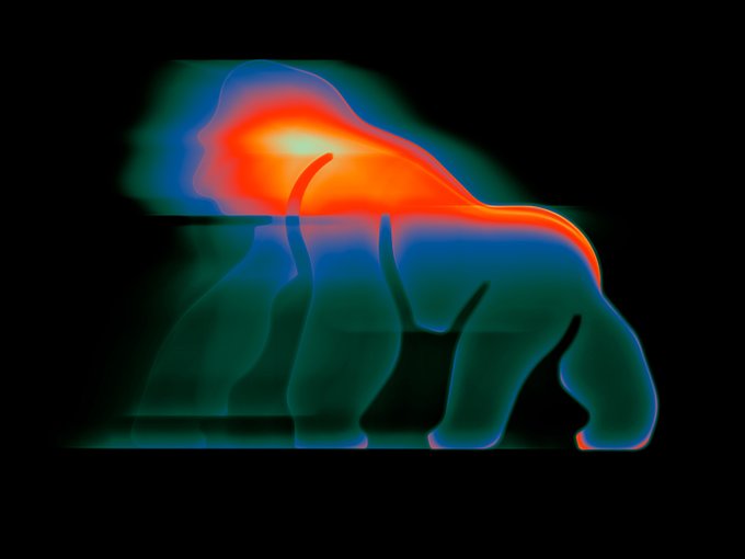 A thermal-style image displays an ape silhouette in glowing red, orange, and blue hues against a black background, with the warm colors concentrated across the head and back to form the recognizable profile. The visual plays on the $APE ticker mentioned in the post, using heat-map coloring to emphasize the ape's shape.