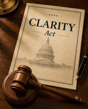 A document titled "CLARITY Act" rests on a wooden desk beside a gavel and pen, visually symbolizing the stalled cryptocurrency legislation referenced in the breaking news about the US Senate's failure to prioritize the bill. The faded Capitol building image on the document reinforces the legislative context of the post.