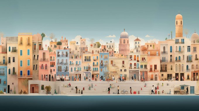 An illustrated panoramic view of a Mediterranean-style coastal town with pastel-colored buildings, people walking and cycling along a seafront promenade.