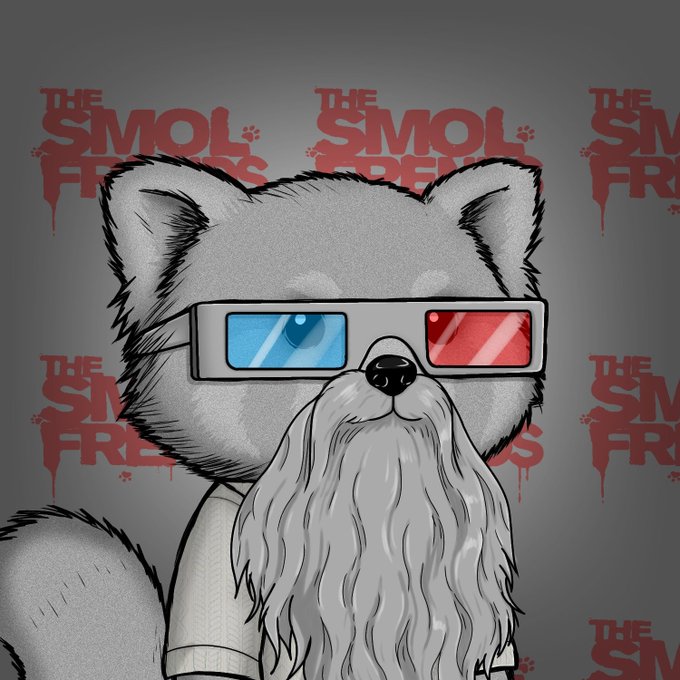 A cartoon illustration of a white cat-like character with 3D glasses (one blue lens, one red lens) and a long beard, set against a background with 'The Smol Freds' logo repeated in red.