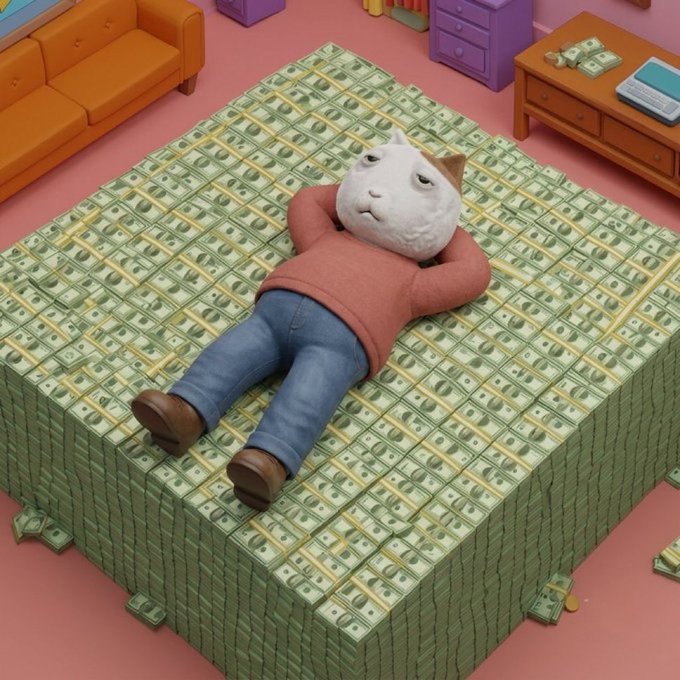 A 3D render of a cat-like figure in a pink sweater and jeans lying relaxed on a large bed made entirely of stacks of US dollar bills in a colorful room.