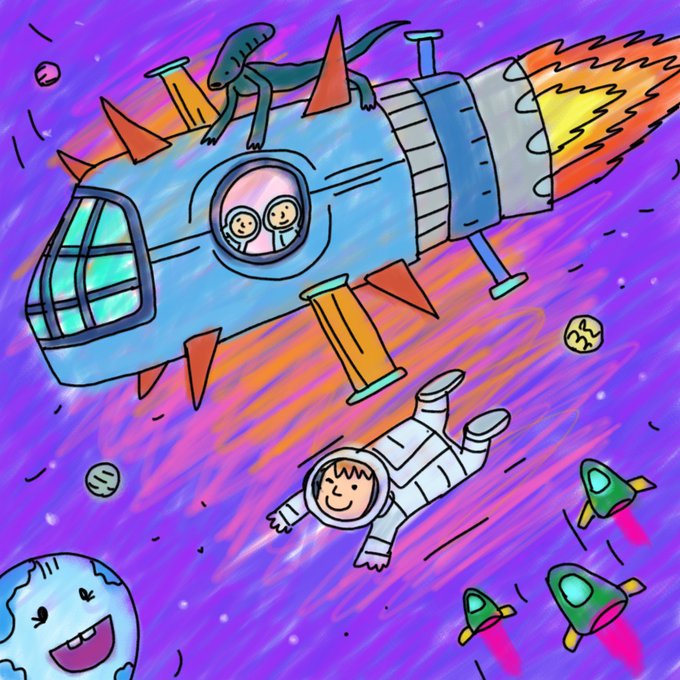 A whimsical, colorful illustration shows an astronaut floating through a vibrant purple and pink cosmos alongside a blue rocket ship piloted by two smiling figures, with a small alien perched on top and a smiling planet in the corner. The "This month" caption pairs perfectly with the space adventure scene, suggesting a month of imaginative exploration or a cosmic-themed activity.