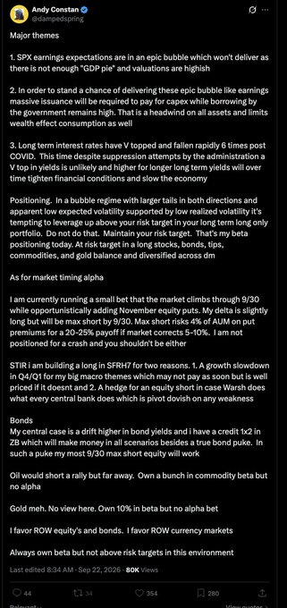 A screenshot of a Twitter post by Andy Constan (@dampspring) discussing market themes including SPX earnings expectations, interest rates, and bond market positions.