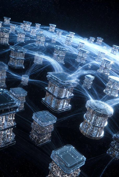 A futuristic 3D digital artwork showing translucent, metallic cylindrical structures connected by flowing blue energy streams against a starry cosmic background.