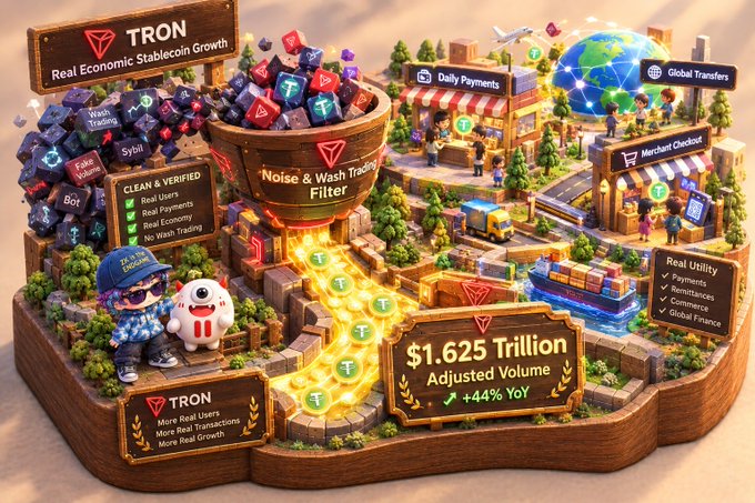 A colorful promotional illustration for TRON crypto showing a miniature market city, blockchain and wallet icons, and text including “TRON Real Economic Stablecoin Growth,” “Daily Payments,” “Global Transfers,” “Noise & Wash Trading Filter,” “$1.625 Trillion Adjusted Volume,” “+44% YoY,” “CLEAN & VERIFIED,” and “Real Utility.”