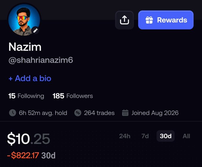 A profile page for 'Nazim' (@shahrianazim6) shows 185 followers, 264 trades, a portfolio value of $10.25, and a 30-day loss of -$822.17.